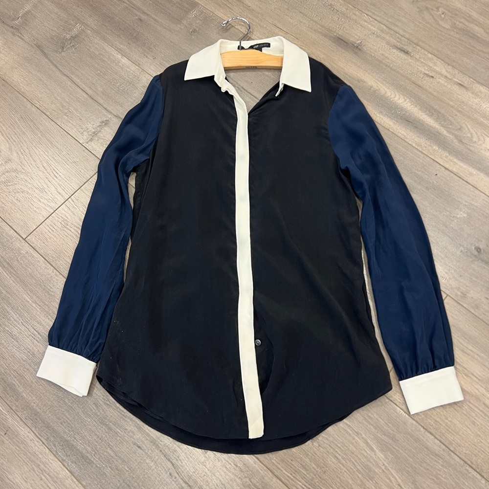 JAYGODFREY Black Shirt with Blue Sleeves and White Trim